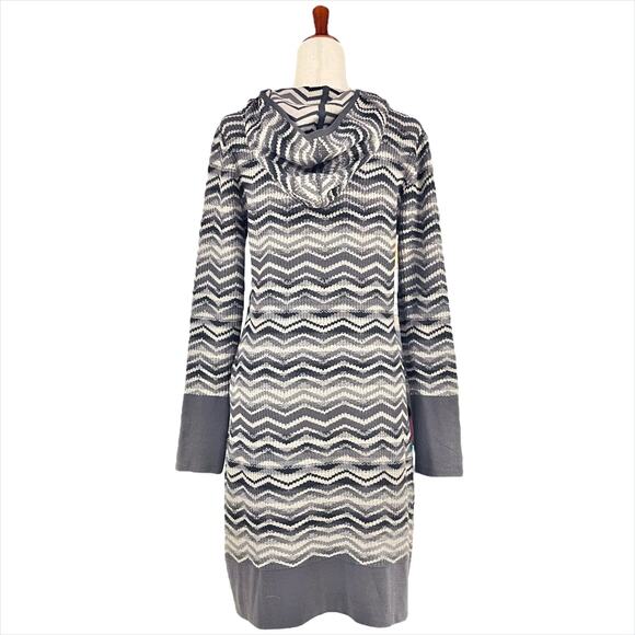 PRANA Meryl Hooded Long-Sleeve Sweater Dress in Coal Gray Chevron Stripe Size M - Picture 7 of 10